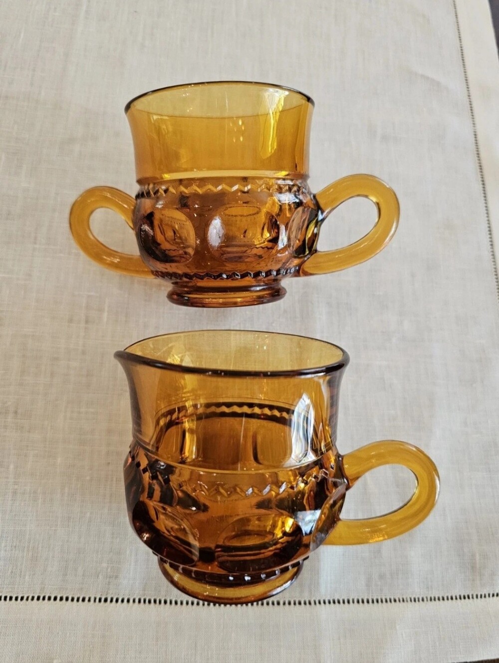 Vintage Indiana Glass Amber King's Crown Creamer & Sugar Set
